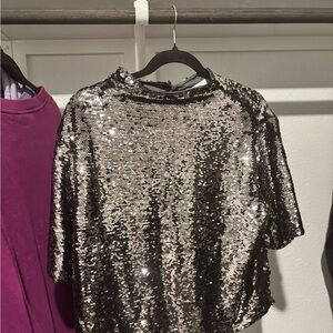 H&M Black and Silver Sequin Short Sleeve Top